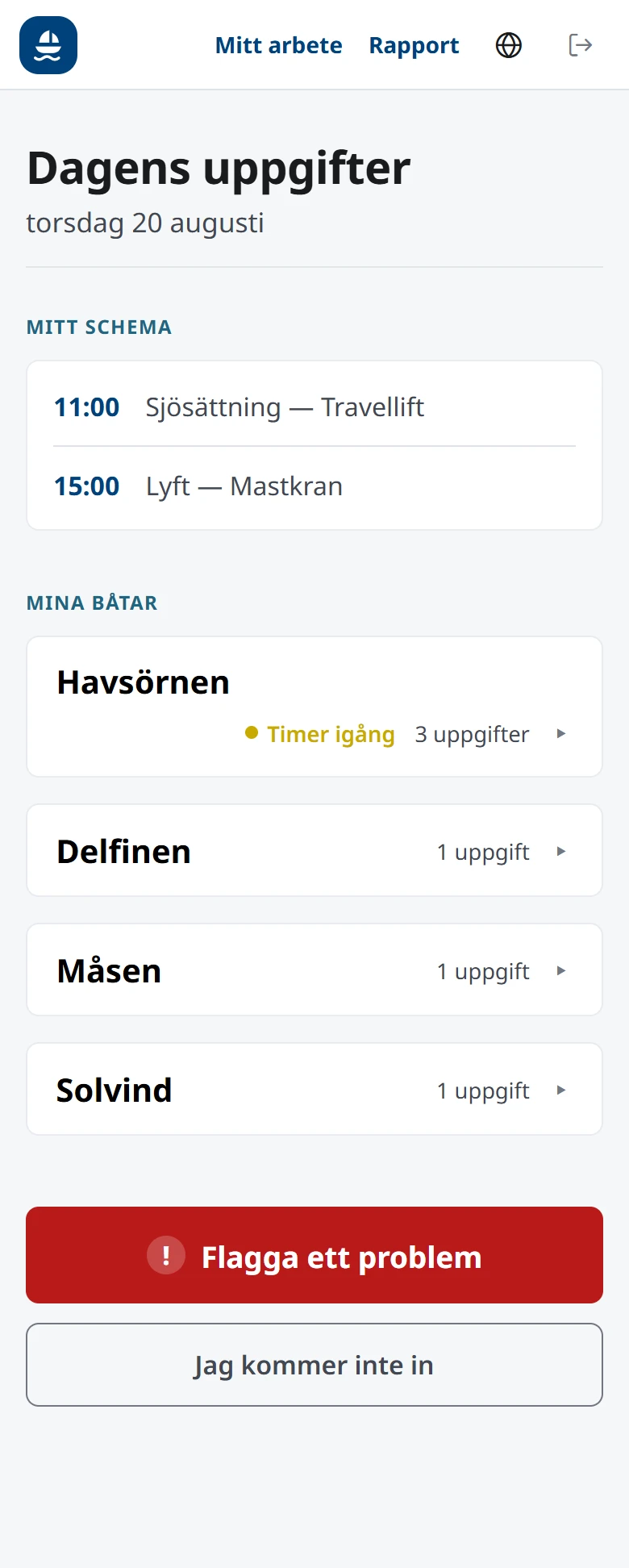 En teknikers dag i AquaTrack i telefonen: båtarna, var och en med de uppgifter som tilldelats.