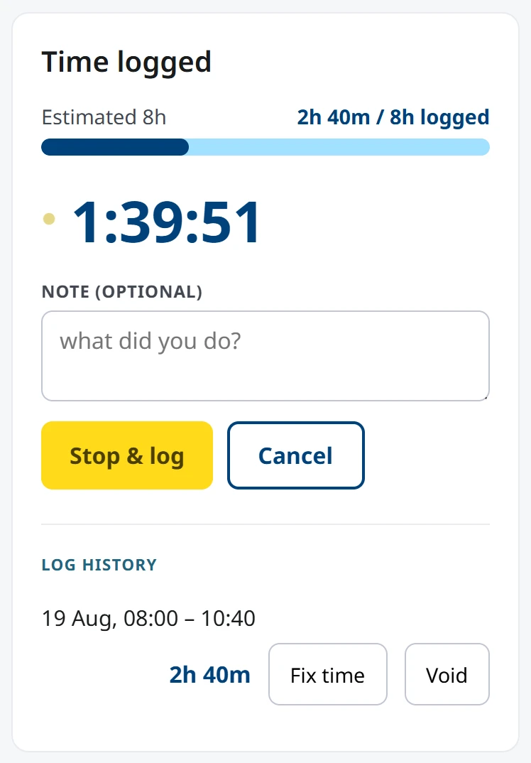 A running timer on a task, showing the time logged so far against the estimate.