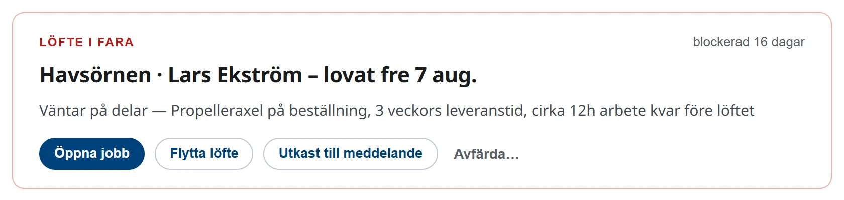 AquaTracks morgongenomgång. Den inleds med antalet saker som behöver ägaren idag, och under det den första av dem: en båt som är lovad till fredag och fortfarande väntar på delar, med ungefär tolv timmars arbete kvar innan löftet.