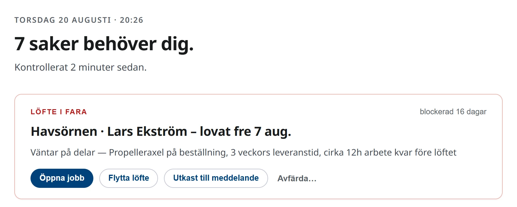 AquaTracks morgongenomgång. Den inleds med antalet saker som behöver ägaren idag, och under det den första av dem: en båt som är lovad till fredag och fortfarande väntar på delar, med ungefär tolv timmars arbete kvar innan löftet.
